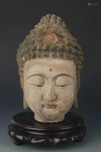 A CARVED AND PAINTED MANJUSRI BUDDHA HEAD