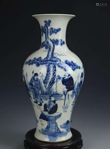 A BLUE AND WHITE STORY PAINTED GUAN YIN VASE