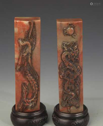 SOPESTONE DRAGON AND PHOENIX CARVING PAPER WEIGHT