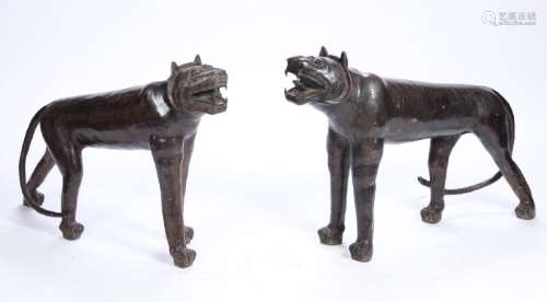 PAIR OF LARGE (20th c) BRONZE STYLIZED TIGERS