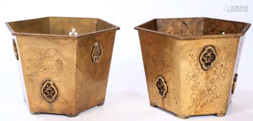 PAIR OF HEXAGONAL CHINESE BRASS PLANTERS