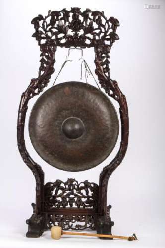 CHINESE TEMPLE GONG on CARVED AND PIERCED STAND