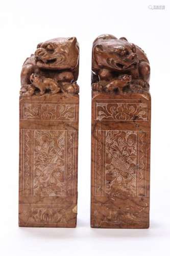 PAIR OF LARGE ASIAN CARVED HARDSTONE CHOPS