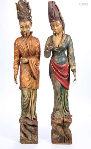 PAIR SOUTH EAST ASIAN CARVED AND PAINTED STATUES