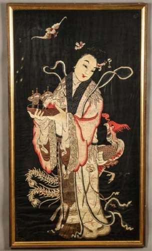 LARGE CHINESE EMBROIDERY of a WOMAN with PHEASANT