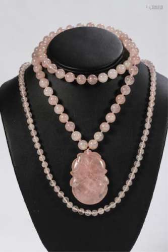 (2) CHINESE PINK QUARTZ NECKLACES