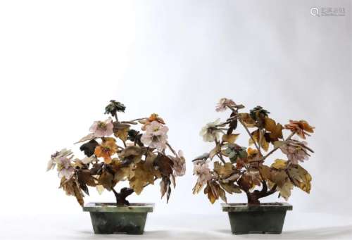 PAIR OF CHINESE HARDSTONE AND JADE POTTED FLOWERS