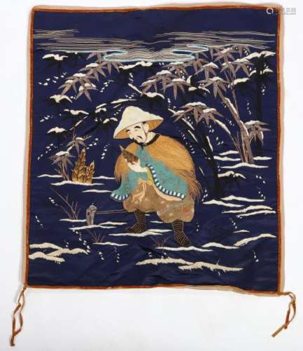 ASIAN SILK EMBROIDERY of a MAN in WINTER