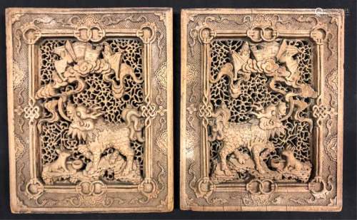 FINELY CARVED CHINESE PANELS with TEMPLE DOGS