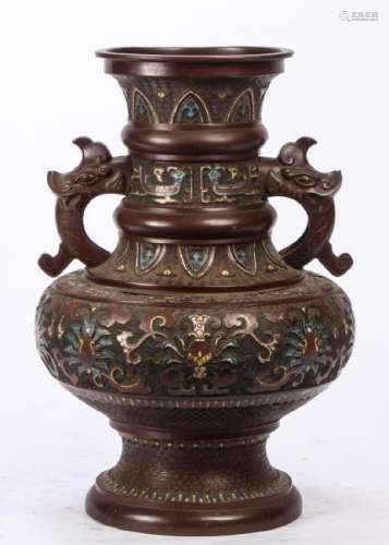 CHINESE BRONZE CHAMPLEVE TWO HANDLED VASE