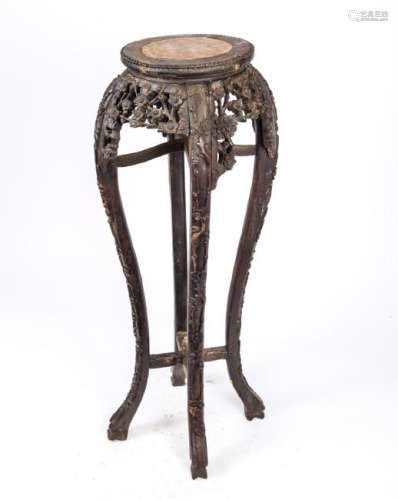 CHINESE CARVED TEAK PLANT STAND with MARBLE INSERT