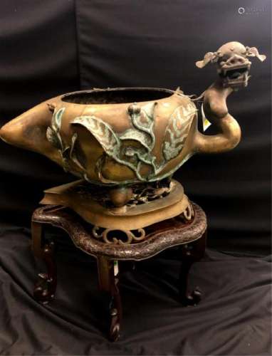 LARGE (3) LEGGED CHINESE BRASS CENSER with DRAGON
