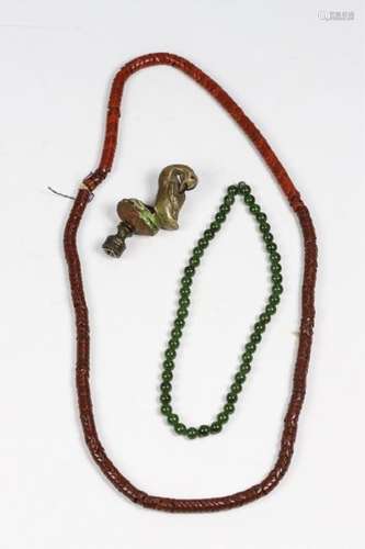 CHINESE JADE & CINNABAR BEADED NECKLACE & FINIAL