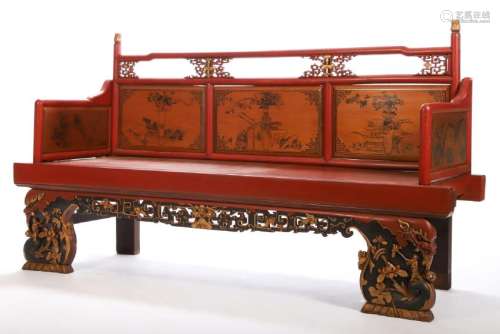 CARVED CHINESE PANELED BENCH IN RED PAINT