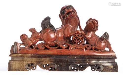 CHINESE CARVED SOAPSTONE FOO DOGS ON STAND