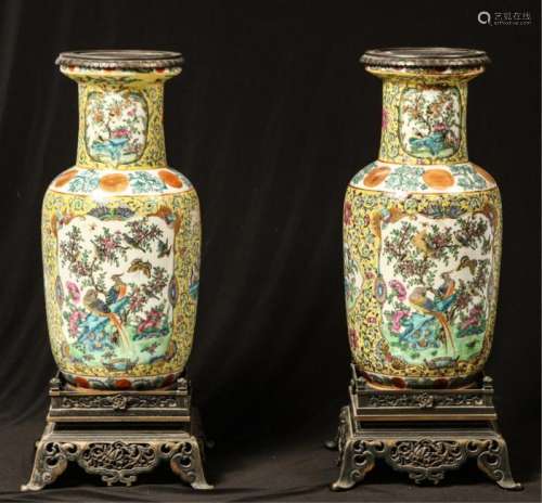 PAIR (19thc) YELLOW CHINESE ROSE FAMILLE VASES