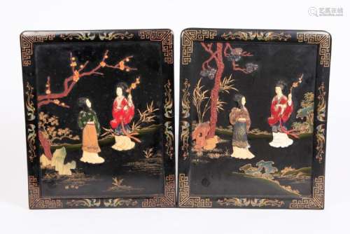 (2) CHINESE LACQUER PANELS INLAID with HARDSTONE