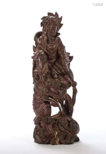 CHINESE CARVED WOODEN FIGURE RIDING DRAGON