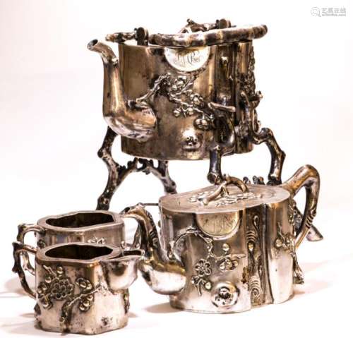 CHINESE 4 PIECE STERLING SILVER SING FAT TEA SET
