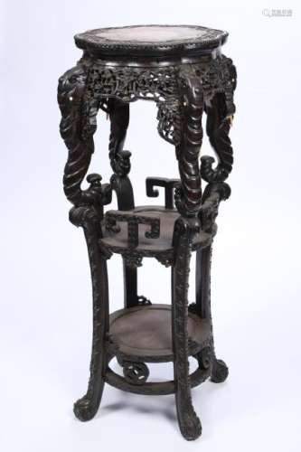 HEAVILY CARVED TEAK AND LOBED (2) SHELF PEDESTAL