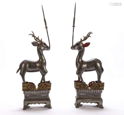 PAIR OF CHINESE PEWTER DEER-FORM CANDLE STICKS