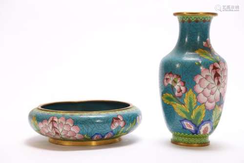 ASIAN CLOISONNE VASE AND LOW BOWL