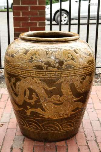 MONUMENTAL CHINESE STONEWARE DRAGON POT