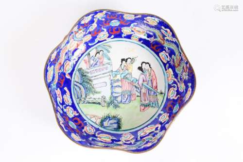 CHINESE ENAMELED COPPER LOBED BOWL with FIGURES