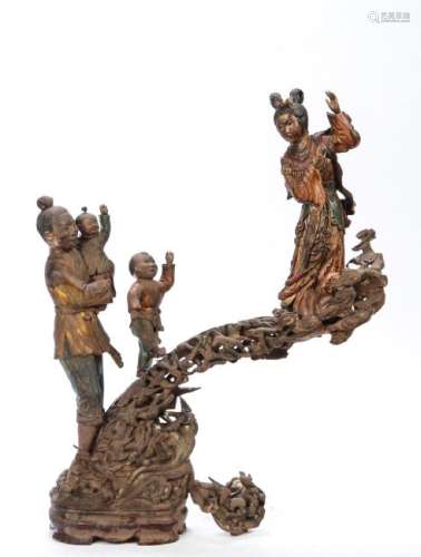 CHINESE CARVED AND PAINTED WOODEN FAMILY GROUP
