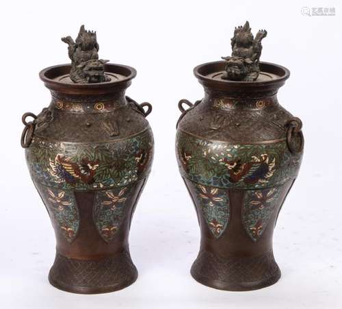 PAIR OF CHINESE BRONZE CHAMPLEVE URNS