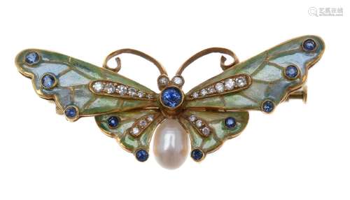 An enamel, sapphire, diamond and cultured pearl butterfly brooch