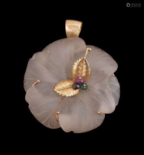 A rock crystal and gem set flower head pendant