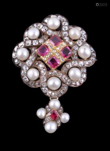 A Victorian ruby, diamond and pearl brooch