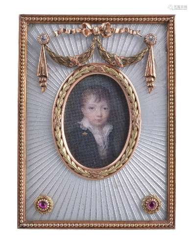 A Continental gold coloured, enamel and gem set miniature frame