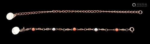 ϒ A 1950s 9 carat gold, coral and cultured pearl bracelet