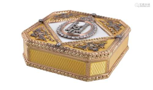 A Continental gold coloured, enamel and gem set box