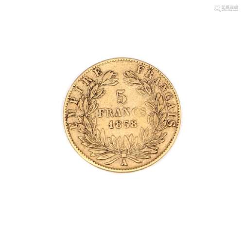 France, Napoleon III, gold 5-Francs 1858 A (KM782.1). Good fine, rare date