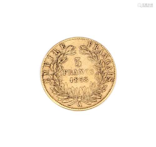 France, Napoleon III, gold 5-Francs 1858 A (KM782.1). Good fine, rare date