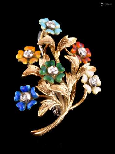 An enamel and diamond floral spray brooch