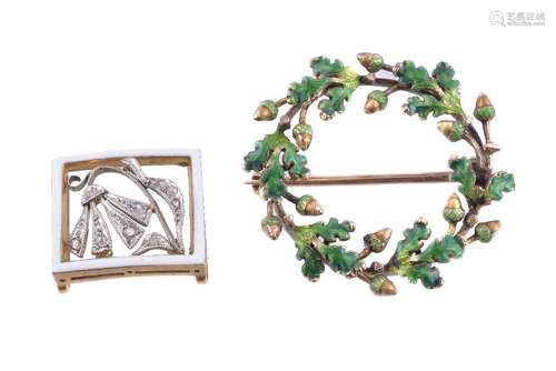 An enamel oak leaf and acorn brooch