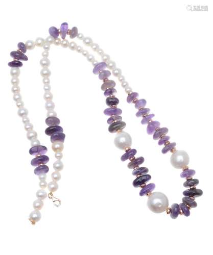 A cultured pearl and amethyst necklace
