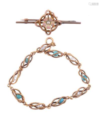 A mid 20th century turquoise and cultured pearl bracelet