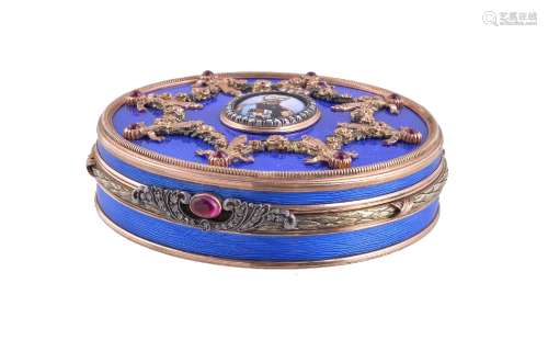 A Continental gold coloured, enamel and gem set circular box