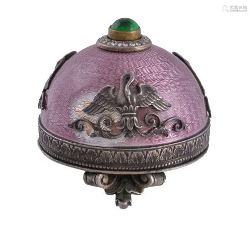 A Continental silver coloured gilt, enamel and gem set bell push