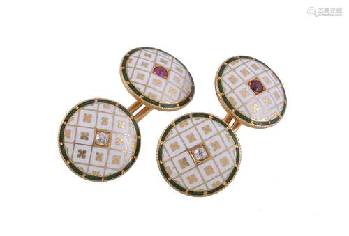 A pair of early 20th century diamond and ruby set enamelled cufflinks