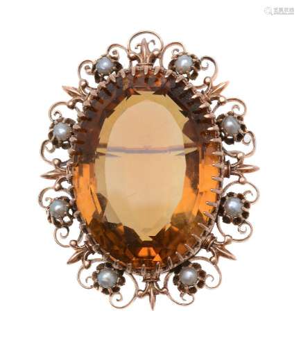 A citrine and pearl brooch