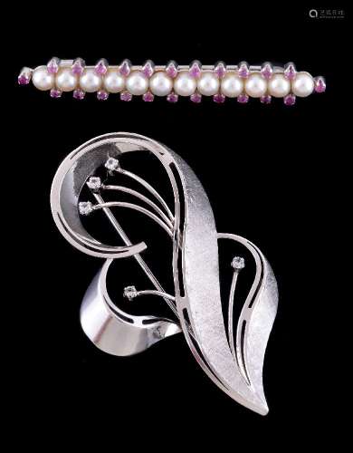 A cultured pearl and ruby bar brooch