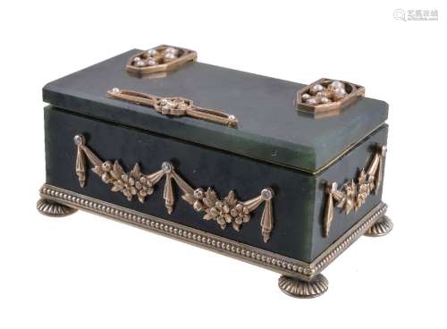 A Continental silver coloured gilt, diamond set and nephrite box