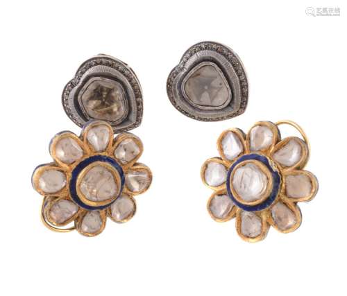 A pair of diamond and enamel earrings