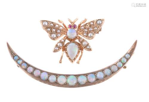 A 9 carat gold opal, seed pearl and ruby bee brooch